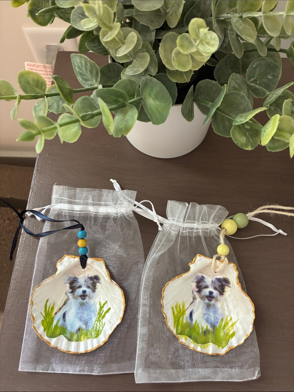 Hand-Painted White Shell Pet Ornament with Green Accents - Set of 2